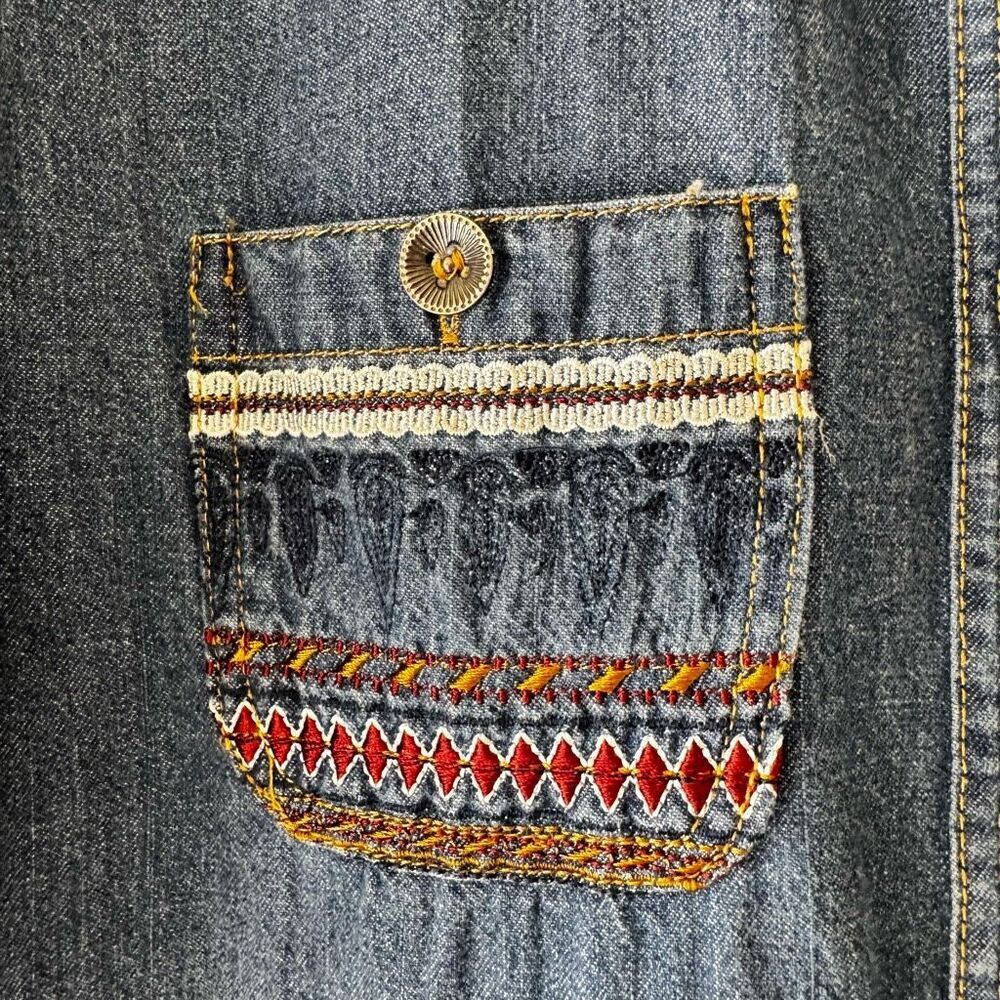 Snidel Denim Southwestern Bohemian Dress Blue Collared Neck SZ M # 2352 - Picture 8 of 16